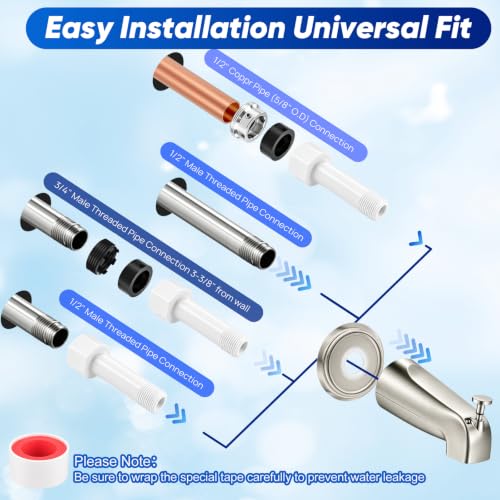 Universal Brushed Nickel Tub Spout with Diverter, Metal Cover and Adapter | Pull Down Bathroom Tub Faucet Replacement, for 1/2" Copper Pipe, 1/2" IPS & 3/4" IPS threaded, Bathtub Spout with Hex Wrench - color: Brushed Nickel