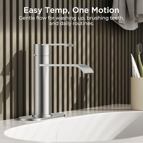 FORIOUS Single Hole Brushed Nickel Bathroom Faucet Waterfall, Commercial | FORIOUS 1 Hole Bathroom Faucet Brushed Nickel, One Hole Waterfall Bathroom Sink Faucet for RV with Cover Plate and Pop Drain - color: Stainless Steel