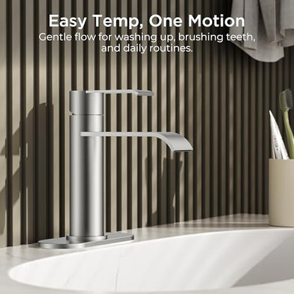 FORIOUS Single Hole Brushed Nickel Bathroom Faucet Waterfall, Commercial | FORIOUS 1 Hole Bathroom Faucet Brushed Nickel, One Hole Waterfall Bathroom Sink Faucet for RV with Cover Plate and Pop Drain - color: Stainless Steel