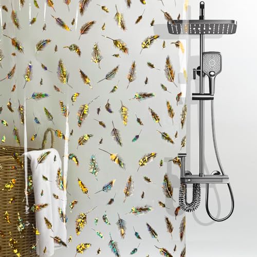Holographic PEVA Shower Curtain Liner, Glitter Feather Pattern, 70x72 in | Dual-Sided Gold & Multicolor, Waterproof Clear PEVA, 3 Bottom Magnets, 12 Rustproof Grommets, Fits Stalls and Tubs - color: Feather