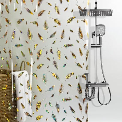 Holographic PEVA Shower Curtain Liner, Glitter Feather Pattern, 70x72 in | Dual-Sided Gold & Multicolor, Waterproof Clear PEVA, 3 Bottom Magnets, 12 Rustproof Grommets, Fits Stalls and Tubs - color: Feather