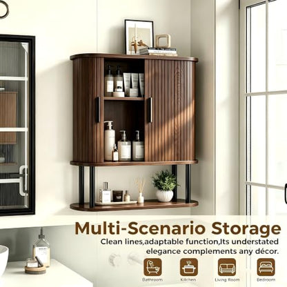 Fluted Bathroom Wall Cabinet, Wall Mounted Medicine Cabinet with Sliding Tambour Door & Adjustable Shelf, 3-Tier Over the Toilet Storage Cabinet for Laundry Room, Kitchen, Walnut - color: Walnut