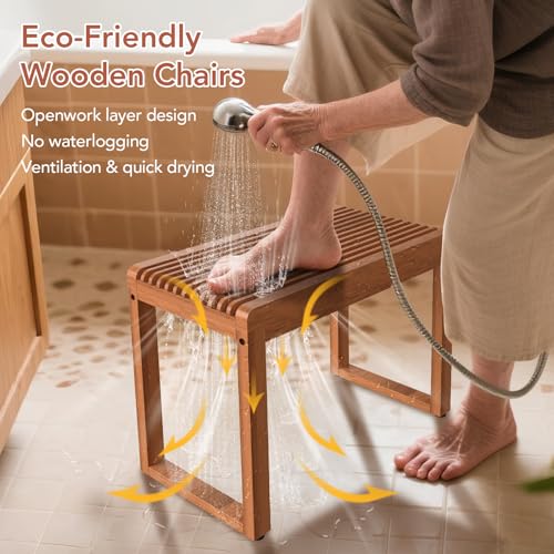 Wide Teak Shower Bench 23.6” – Heavy Duty 500 lbs Wooden Bath Stool, Comfortable Shower Seat for Shaving Legs & Elderly - size: Large
