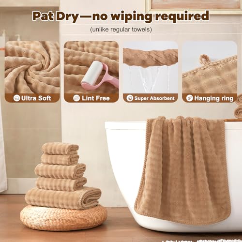COZYART Lint Free 8 Pcs Bathroom Towels Set Ultra Soft Microfiber Tan | Fluffy, Thick, Highly Absorbent, Fast Dry, No Shedding, No Pilling, Fade Resistant, Durable, Long-lasting - color: Tan