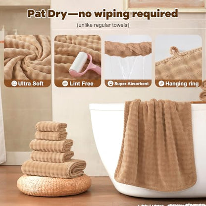 COZYART Lint Free 8 Pcs Bathroom Towels Set Ultra Soft Microfiber Tan | Fluffy, Thick, Highly Absorbent, Fast Dry, No Shedding, No Pilling, Fade Resistant, Durable, Long-lasting - color: Tan