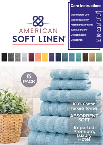American Soft Linen 100% Carde Cotton 6 Piece Towel Set, 590 GSM Heavy Weight Soft Absorbent Turkish Towels for Bathroom, Light Blue - color: Baby Blue