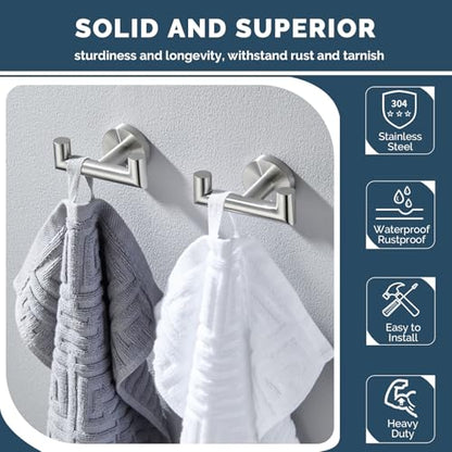 Angle Simple Towel Hooks for Bathrooms, 2 Pack Robe Holder, Brushed Nickel | Hand Towel Coat Holder, Solid SUS304 Stainless Steel, Versatile Double Hook, Modern Design, Wall Mount - color: Brushed Nickel, size: 2 Pack