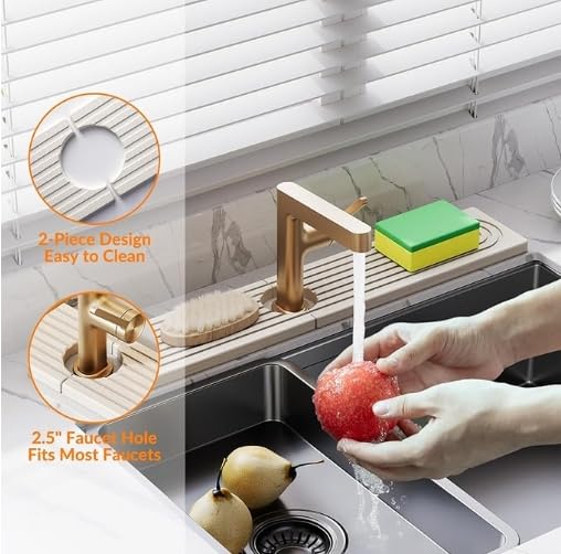 Diatomite Faucet Mat, Water Absorbent Sink Splash Guard, Quick Dry Countertop Drip Tray, Non Slip Grooved Surface, Sleek Smooth Edge, For Kitchen Bathroom Apartment RV, White Modern 60x10cm 0.9cm Thic