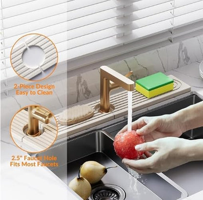 Diatomite Faucet Mat, Water Absorbent Sink Splash Guard, Quick Dry Countertop Drip Tray, Non Slip Grooved Surface, Sleek Smooth Edge, For Kitchen Bathroom Apartment RV, White Modern 60x10cm 0.9cm Thic