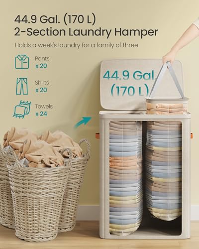 SONGMICS Laundry Basket, 44.9 Gal. Laundry Hamper, 2 Compartments, Easy Assembly, with Lid and Handles, Removable Liners, 22 x 15.7 x 29.5 Inches, Cappuccino Beige ULCB813L01 - color: Cappuccino Beige, size: 170 L (2-Section)