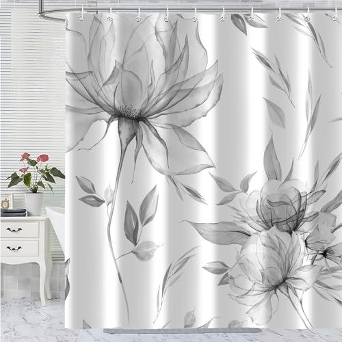 Grey Watercolor Floral Shower Curtain, Flower Leaves Minimalist Aesthetic Art Shower Curtains for Bathroom Sets Decor, Waterproof Polyester Cloth Fabric with 12 Hooks,60x72 Inch - color: Grey, size: 60"W x 72"L (Pack of 1)