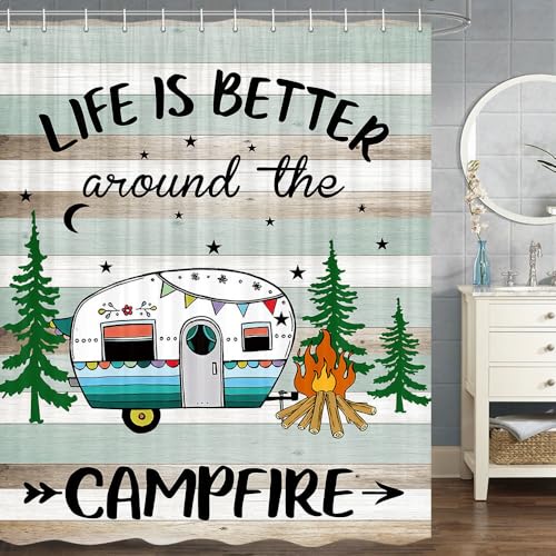 JAWO RV Happy Camper Shower Curtain for Travel Trailer, Farmhouse Style - 60" W x 70" H, Rustic Teal - Hooks Included - color: Brown, size: 60"W x 70"L (Pack of 1)