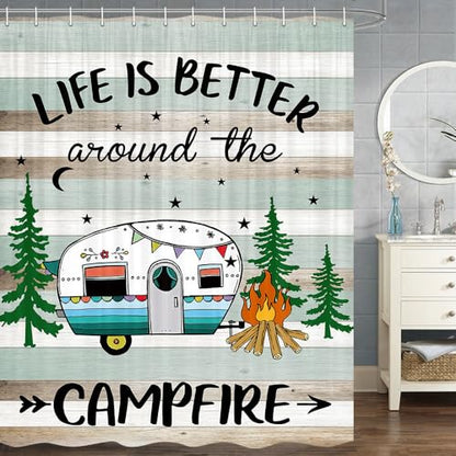 JAWO RV Happy Camper Shower Curtain for Travel Trailer, Farmhouse Style - 60" W x 70" H, Rustic Teal - Hooks Included - color: Brown, size: 60"W x 70"L (Pack of 1)