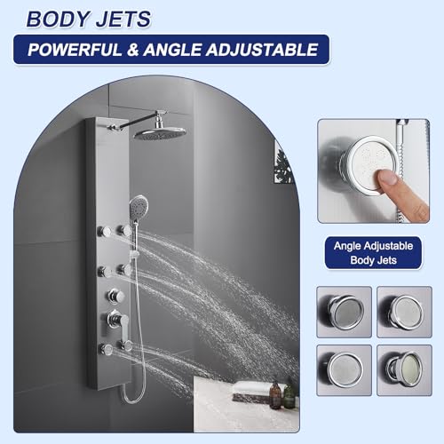 ROVATE Shower Panel Tower System with Adjustable 6 Body Jets, Brushed | Stainless Steel Shower Column with Height Adjustable Shower Arm, Self-Cleaning Rainfall Shower & Handheld, Rough-in Valve - color: Brushed Surface, style: 3-Function