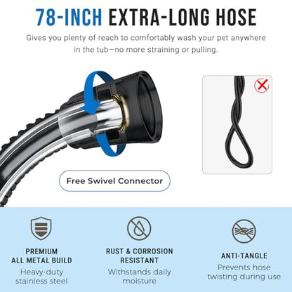 G-Promise Dog Shower Attachment with Flow Control | High Pressure, with Flow Control Lever, Extra Long Hose, Easy to Install, No-Drill Hook Mount - color: Matte Black, size: 78 Inch Hose