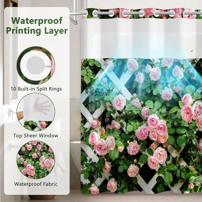 No Hook Floral Shower Curtain with Liner, Washable Cloth Fence Pink Roses Shower Curtain with Mesh Top Window and Weighted Bottom, Waterproof Fabric Summer Shower Curtains for Bathroom, 71"W x 74"L - color: Fence Rose