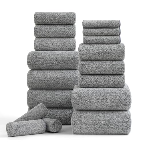 Ycosy 18 Piece Bath Towels Set,100% Microfiber Family Bathroom Towel with Hanging Loops-6 Bath Towels,6 Hand Towels,6 Washcloths,Quick Dry Highly Absorbent Shower Towel for Bathroom,Hotel,Spa-Grey - color: Grey, size: 18 Piece Towel Set