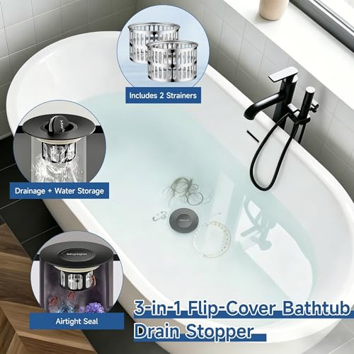 1.4"-2.6" Flip-Cover Bathtub Drain Stopper, 2 Strainers（1,Black） | Flush-fit tool-free drain hair catcher, no springs, rustproof. Press to seal/drain, stops puddles. Durable - color: Flip Black