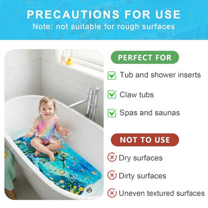 Baby Bath Mat for Tub Non Slip Kids, BPA Free Extra Long Bathtub Mat 40x16 with Drain Holes and 200 Suction Cups, Non Toxic Machine Washable Toddler Bath Mat, No Fading, Sea - color: X-turtle 1