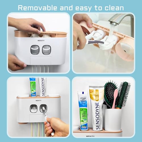 Toothbrush Holder Wall Mounted, WEKITY Multi-Functional Toothbrush and Toothpaste Dispenser for Bathroom, with 5 Toothbrush Slots, 2 Toothpaste Squeezers and 4 Cups(Pink) - color: Pink