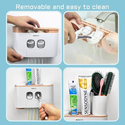 Toothbrush Holder Wall Mounted, WEKITY Multi-Functional Toothbrush and Toothpaste Dispenser for Bathroom, with 5 Toothbrush Slots, 2 Toothpaste Squeezers and 4 Cups(Pink) - color: Pink