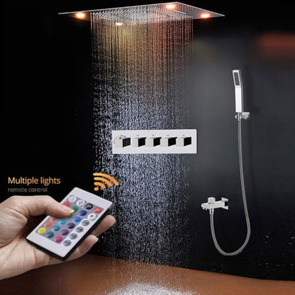 Cascada Classic Design 31 Inch (600mmx800mm) Large Rain Shower Set with Waterfall LED Rectangle recessed ceiling-mount 4 Function shower head (Matt Black) - color: Matt Black
