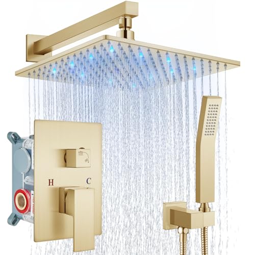 Aolemi Shower Faucet Set with Valve Handheld 12" LED Head Brushed Gold | Handheld Spray,12 Inch Rain LED Head,Valve and Trim Kit,All Metal,Wall Mount Shower System,Bathroom Mixer - color: Gold, size: 12 Inch LED Shower Head