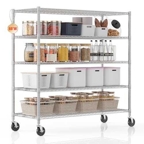Homdox 5 Tier Storage Racks and Shelving, 24"x60"x82" Heavy Duty Metal Shelves for Storage, 3000LBS Commercial Adjustable Wire Shelving Unit on Wheels for Garage, Pantry, Kitchen, Warehouses, Chrome - color: Silver, size: 24"x60"x82"