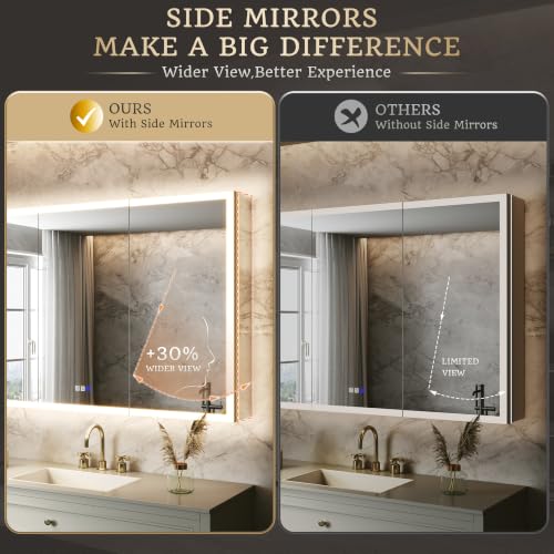 48x32 Lighted Medicine Cabinet, Separate Front & Back Lights | Surface/Recessed LED Medicine Cabinet for Bathroom with Side Mirrors, Dimmable Light, Anti-Fog, Memory,Silver Aluminum Frame - size: 48" x 32"