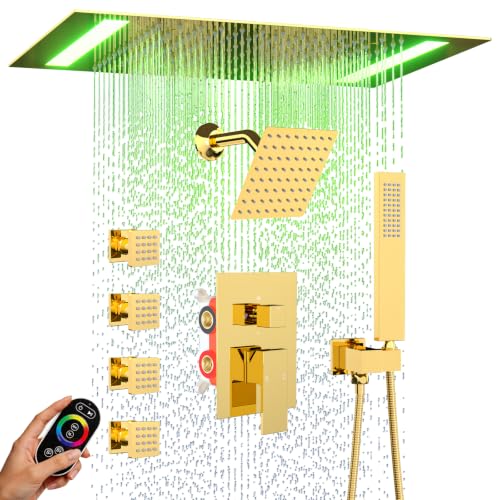 ENGA Bright Gold Dual Rain LED Shower System, 14"x20" Shower Head + 6" Wall Shower, 4 Body Jets with Individual On/Off & Adjustable Water Pressure, Rainfall Shower Faucet Set - color: Bright Gold, style: 14X20" Led Shower - Body Jets