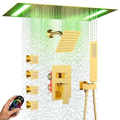 ENGA Bright Gold Dual Rain LED Shower System, 14"x20" Shower Head + 6" Wall Shower, 4 Body Jets with Individual On/Off & Adjustable Water Pressure, Rainfall Shower Faucet Set - color: Bright Gold, style: 14X20" Led Shower - Body Jets