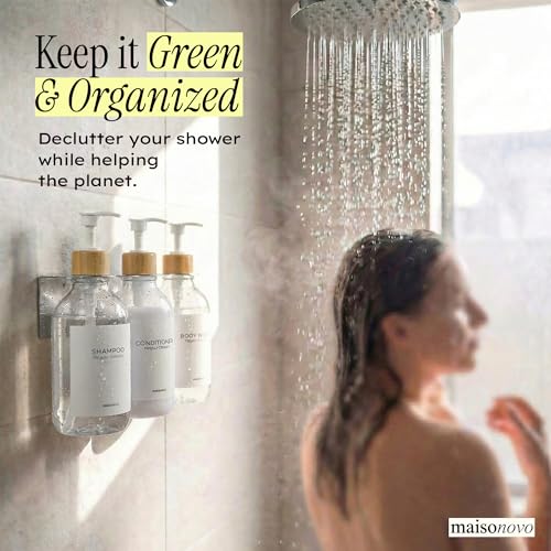MaisoNovo Shampoo and Conditioner Dispenser|Refillable Clear Bamboo 3-Pack | 500 ml Shower Gel Dispenser Set of 3. Refillable Shampoo and Conditioner Bottles. Drill Free Secure Design. Clear Bamboo - color: Clear Bamboo Set of 3