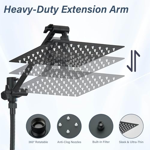 Matte Black Shower Head, High Pressure Rainfall 8 Inch Shower Head/Handheld Showerhead Combo with 10" Extension Arm, Height/Angle Adjustable