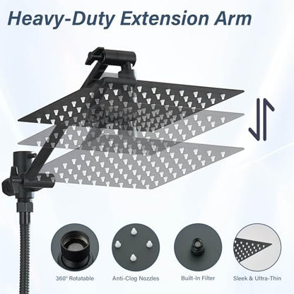 Matte Black Shower Head, High Pressure Rainfall 8 Inch Shower Head/Handheld Showerhead Combo with 10" Extension Arm, Height/Angle Adjustable