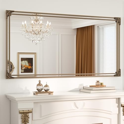 Keonjinn 60x30 Inch Gold Antique Vintage Mirror, HD Tempered Glass | Brass Baroque Mirror, Rectangle, Traditional Mantel Decoration, Wall Decor, Hallway, Fireplace, Entryway, Anti-Rust - color: Antique Brass, size: 30"L x 60"W