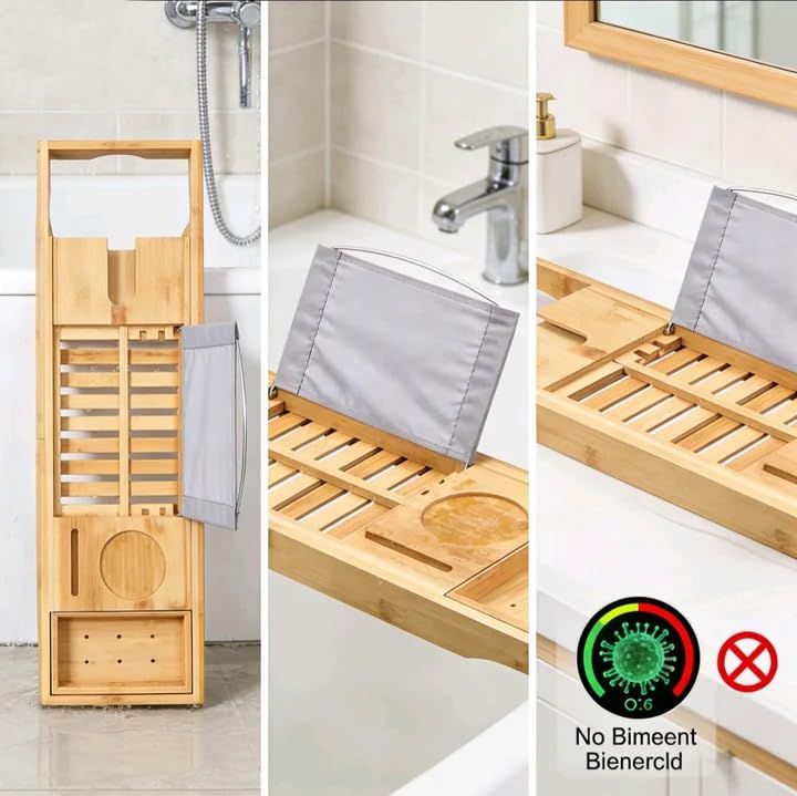 70-105CM Extendable Bamboo Bathtub Tray Caddy with Cup Holder for Spa | Non-Slip Pads, Book Stand, Wine Glass Holder, Fits Most Bath Tubs