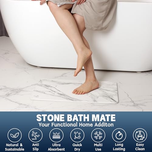 2 Pack Stone Bath Mat - Diatomaceous Earth Bath Mat Fast-Drying Stone Drying Mat Super Absorbent Diatomite Mats for Bathroom, Dish Drying, Bathtub (White Marble - color: White Marble-24*16-2 Pack