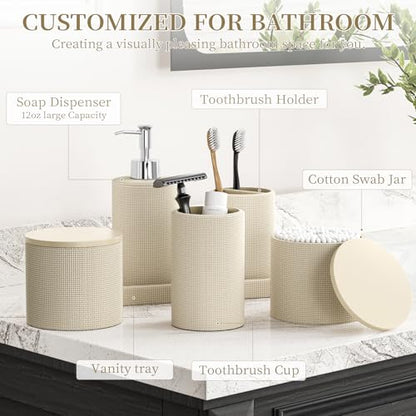6-Piece Beige Bathroom Set - Mesh Textured Resin Bathroom Accessories Set with Soap Dispenser, Toothbrush Holder, Cup, Vanity Tray & Apothecary Jars for Small Spaces - color: Beige - Mesh Textured