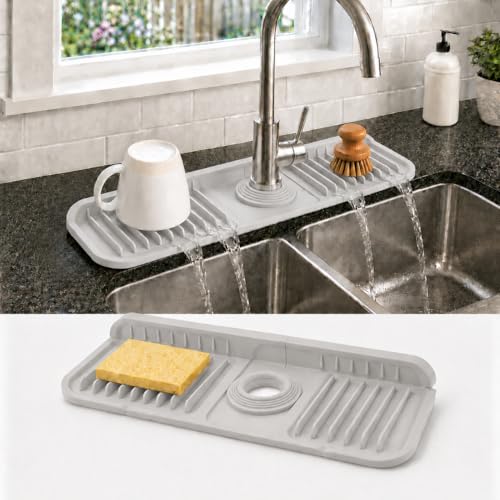 14.5" Silicone Faucet Handle Drip Catcher Tray,7° Sloped Self Draining Mat with Snap-on Design & Soap Holder, Sink Splash Guard for Kitchen & Bathroom, Trim-to-Fit Opening - color: Light Gray, size: 14.5" x 5.5"