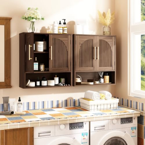 RUSTOWN Fluted Bathroom Wall Cabinet with Arched Doors & Rounded Edges | Over The Toilet Storage Cabinet with Adjustable Shelf, Mid Century Modern Medicine Cabinets, Laundry & Kitchen Shelving Unit - color: Dark Walnut