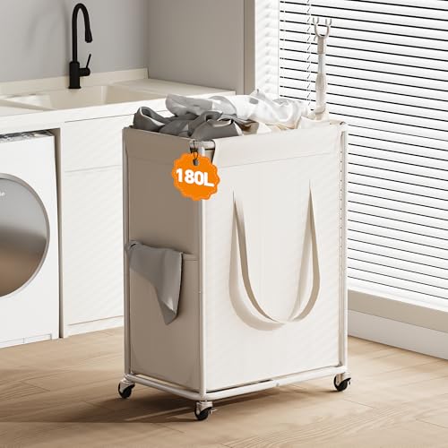 Homeiju 180L Large Laundry Hamper with Wheels, Rolling Laundry Basket with Metal Frame and Removable Bag Design, Dirty Clothes Laundry Cart for Bathroom, Dorm Room, Laundry Room, White - color: White