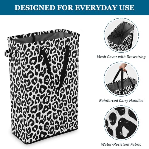 Leopard Black White Laundry Hamper Dirty Clothes Laundry Basket Bin for Bedroom Bathroom with Handles Slim Tall Collapsible Waterproof Freestanding 48L - color: Leopard Black white