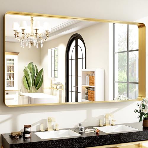 Easly 48 x 30 Inch Gold Bathroom Mirror, Rectangular Wall Mounted Shatterproof Mirror, Aluminum Alloy Frame with Rounded Corners, Horizontal or Vertical for Farmhouse Decor - color: Gold, size: 48"L x 30"W