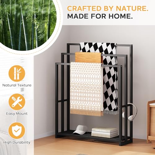 Freestanding Towel Rack, 3 Tier Wide Bamboo Stand with Shelf for Bathroom | 31.5"W × 9.4"D × 39.4"H • Black • Waterproof • Blanket rack • Blanket holder • Ventilated • Bottom shelf • Anti-tip - color: Black