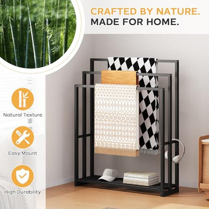 Freestanding Towel Rack, 3 Tier Wide Bamboo Stand with Shelf for Bathroom | 31.5"W × 9.4"D × 39.4"H • Black • Waterproof • Blanket rack • Blanket holder • Ventilated • Bottom shelf • Anti-tip - color: Black