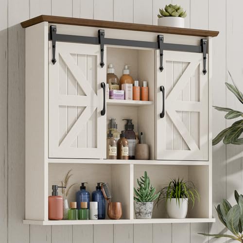 Vabches Bathroom Wall Cabinet, Farmhouse Medicine Cabinet, Rustic White | Wooden Vintage Storage Cabinet Wall Mounted with Double Sliding Barn Door and Adjustable Shelf for Bathroom, Kitchen - color: Rustic White, style: Sliding Doors