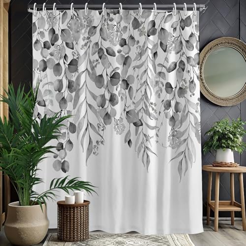 KAIRA Eucalyptus Shower Curtain, 72"x72", Botanical Bathroom Decor, Black | Neutral Plant Leaves Design,Includes Hooks,Waterproof Polyester Fabric,for Modern, Farmhouse and Minimalist Bathrooms - color: Black