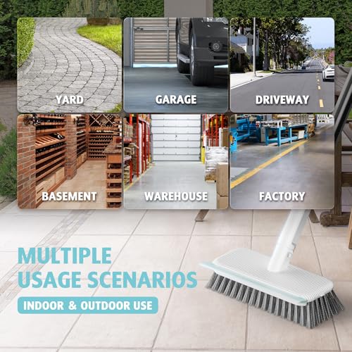 AIR U+ Concrete Scrub Brush, Long Handle, 7-Row Wire Bristles, Squeegee | Removes moss, algae and tough buildup from patios, driveways, pavers and garage floors, focused control for edges and steps