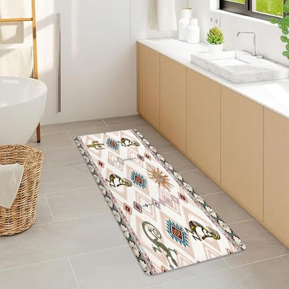 JAWO Southwestern Ethnic Tribal Bathroom Rug, Geometric Retro Abstract Art, Memory Foam, Blue (17X48inches) - color: Blue, size: 1'5" x 4' (Rectangular)