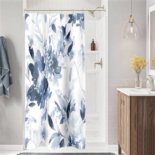 Small Stall Shower Curtain 36x72 Inch Half Narrow Watercolor Floral Decor | Navy Blue Modern Abstract Flower Dorm Bathroom Shower Curtain Set with Hooks - color: Navy Blue, size: 36"W x 72"L (Pack of 1)